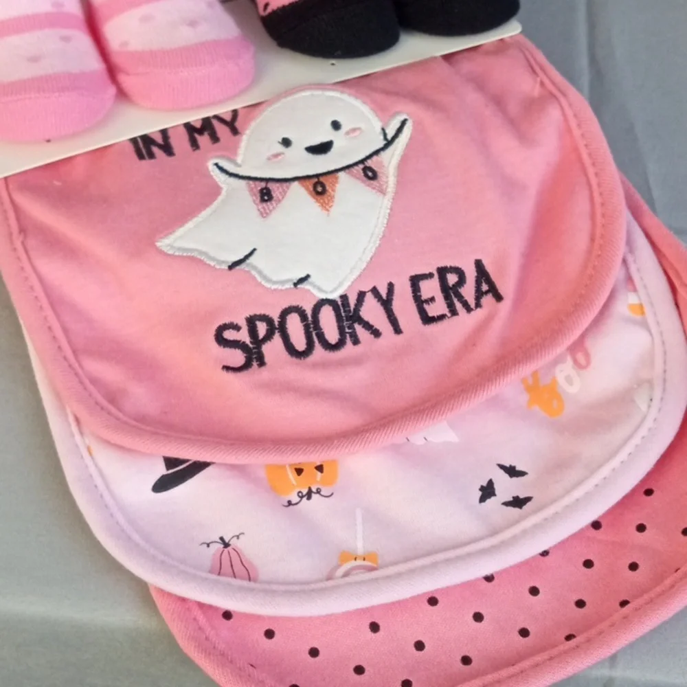 👻 Duck Duck Goose Halloween Pink and Black Baby Bib and Sock Set